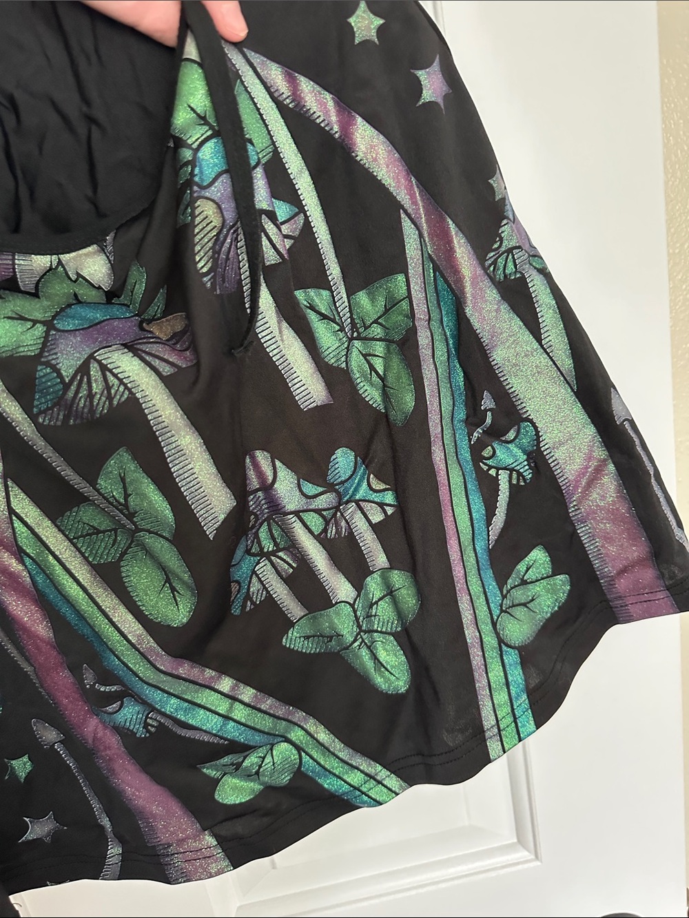 Black Slip Dress with Iridescent Green & Purple Graphic - Picture 3 of 4